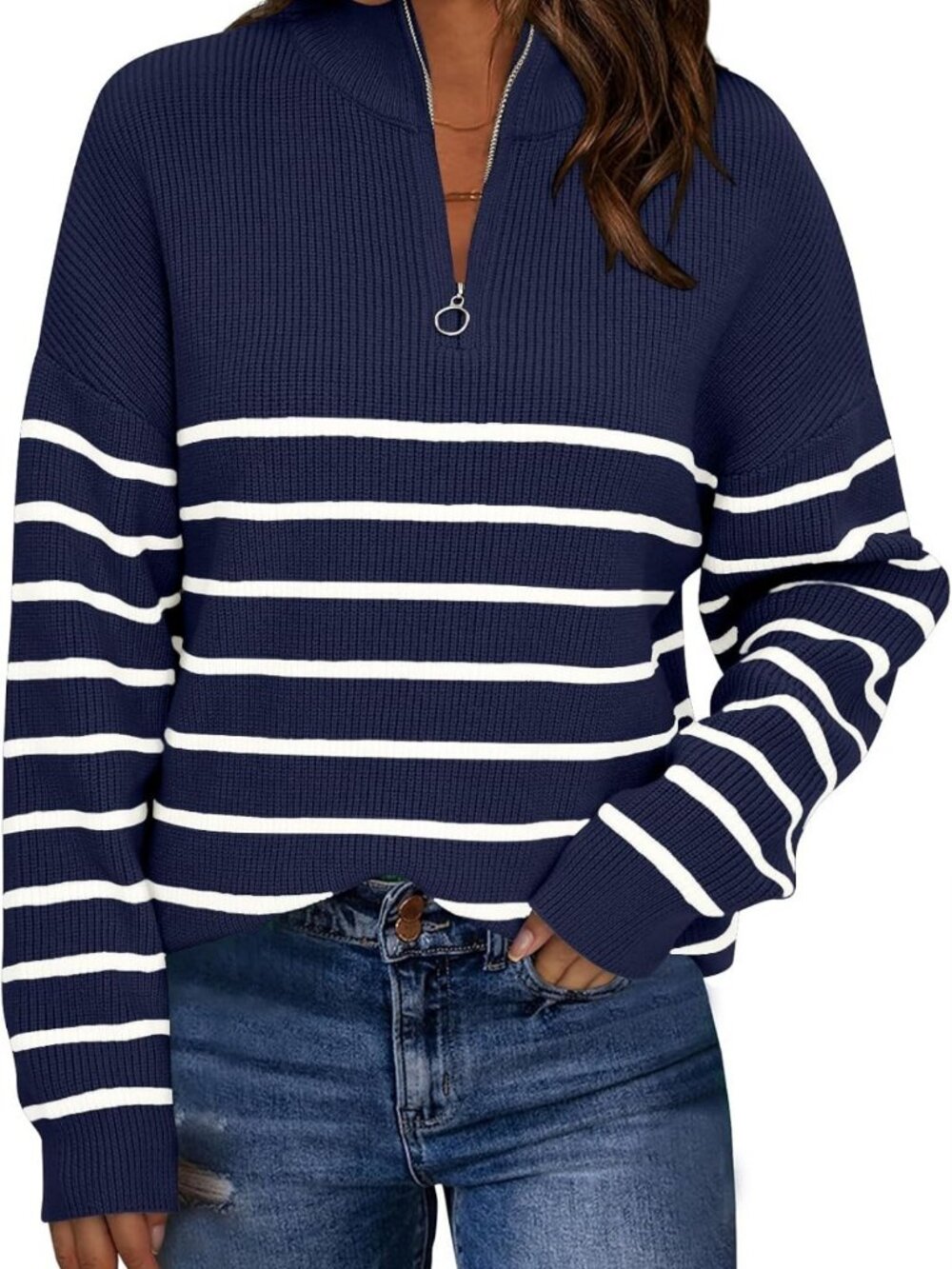 Cozy Oversized Striped Quarter Zip Sweater for Women - Perfect Fall Layering